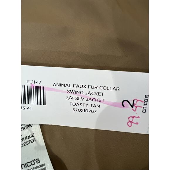 Chico's Women's Large Faux Fur Animal Collar swing Jacket Button Front Tan NWT - Picture 9 of 16